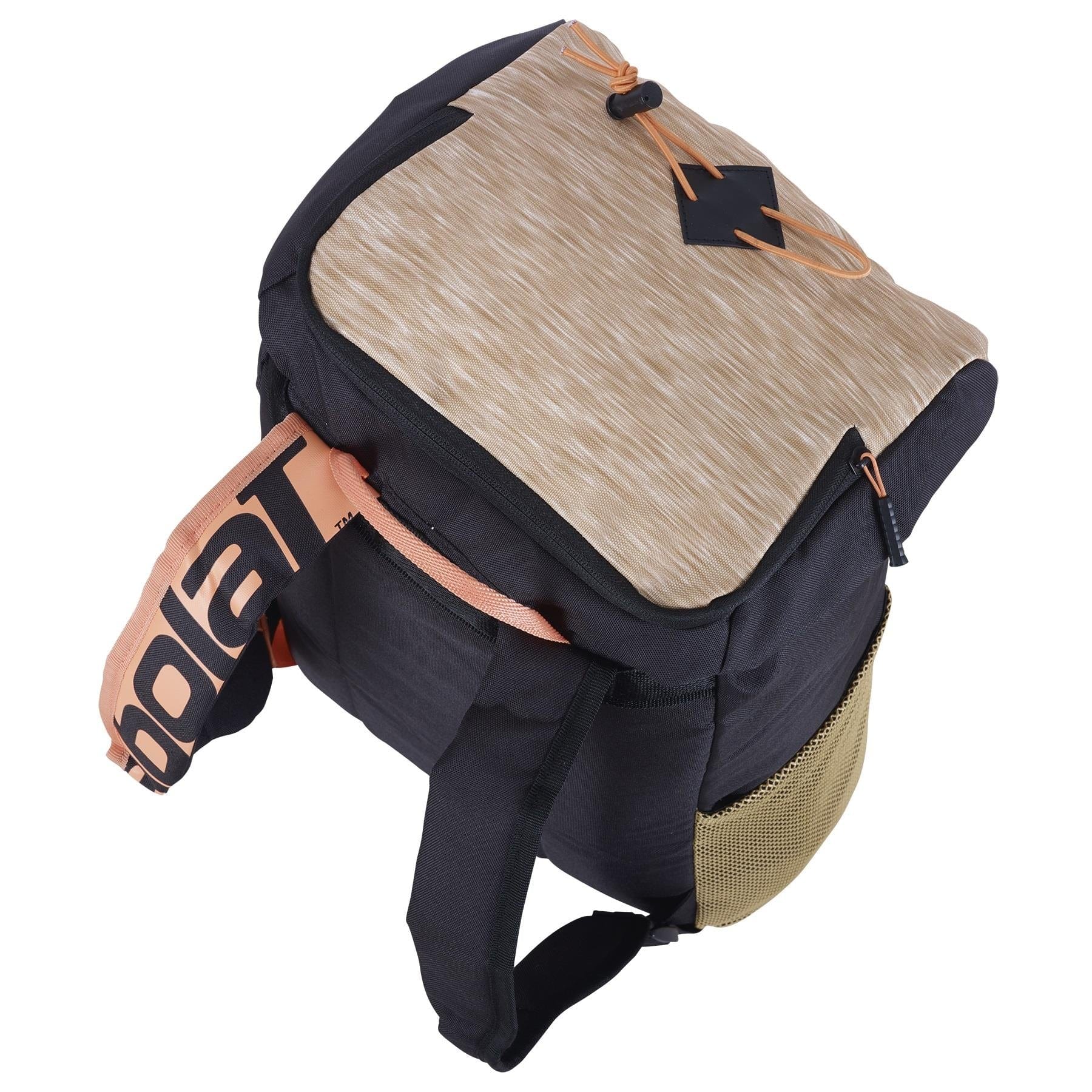 The Babolat Classic Backpack - Beige is a tennis backpack designed in black and beige with a tan top flap adorned with lightning bolt designs. Made from recycled materials, it features a pink handle, adjustable black straps, and a beige mesh side pocket. The Babolat brand name is partially visible on the handle.