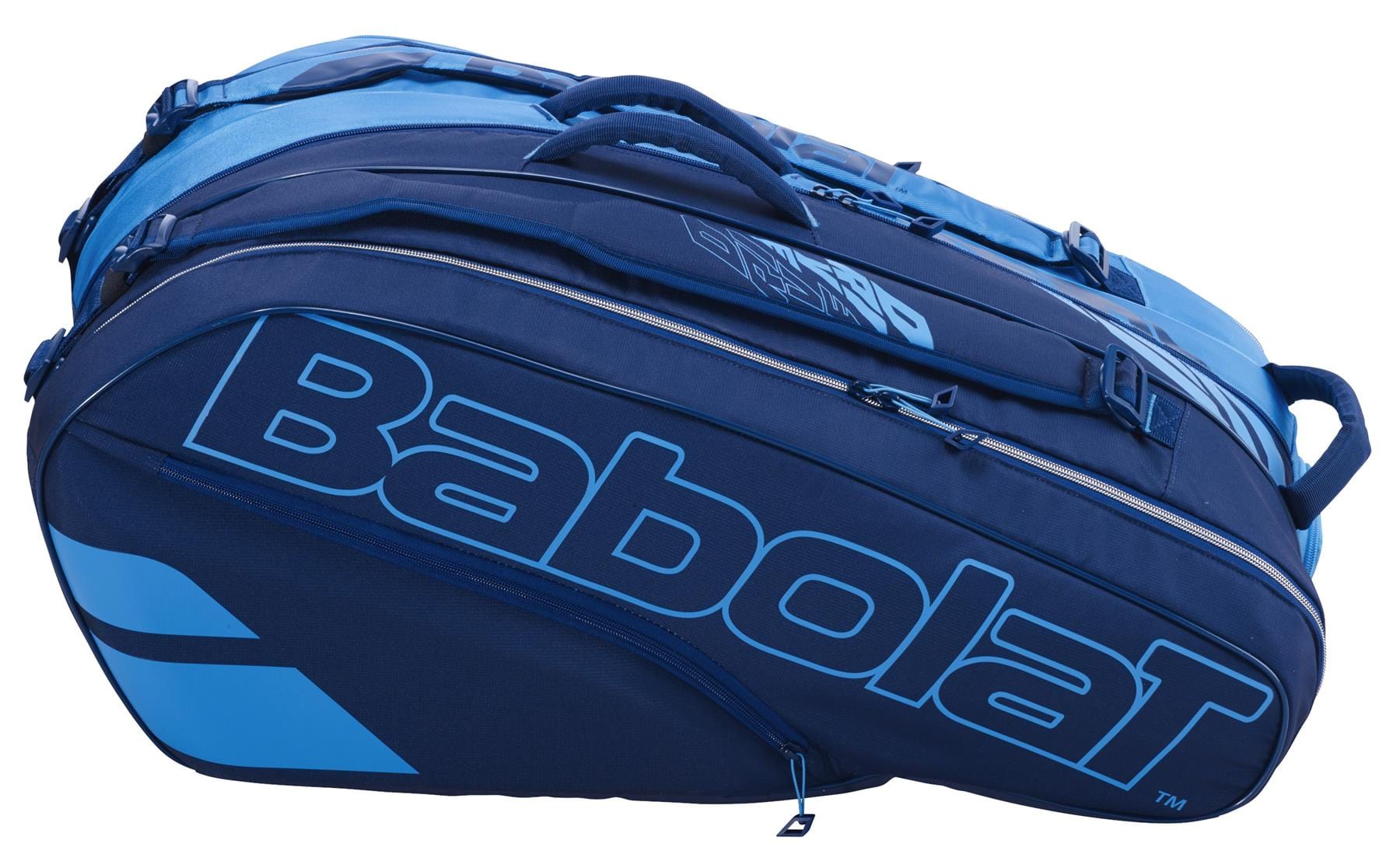 The Babolat RH12 Pure Drive 12 Racket Tennis Bag in blue and black boasts multiple zippered compartments, including an insulated section for keeping beverages cool. It is equipped with handles for easy carrying, and the large "Babolat" brand name is prominently displayed on the side.