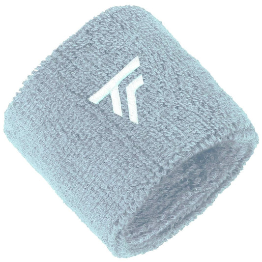 The Tecnifibre 2026 Tennis Wristband Sweatband 2 Pack in Glacier features light gray, extended-length bands with a white embroidered geometric logo and is designed for shock absorption. Shown on a plain white background.
