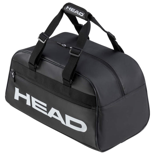 The HEAD Tour Tennis Court Bag 40L - Black / White is a black sports duffel from HEAD, showcasing the brand's name prominently in bold white letters. It includes adjustable handle straps, a side zipper pocket, and a practical shoe compartment to accommodate all your needs while on the move.