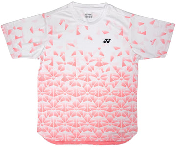 The Yonex YTM2025B Men's Tennis T-Shirt in white features a pink geometric floral pattern, quick-dry fabric, and a small black logo on the left chest—ideal for active tennis players.