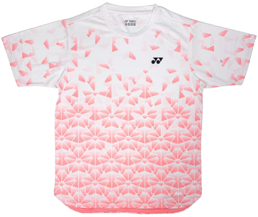 The Yonex YTM2025B Men's Tennis T-Shirt in white features a pink geometric floral pattern, quick-dry fabric, and a small black logo on the left chest—ideal for active tennis players.