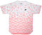 The Yonex YTM2025B Men's Tennis T-Shirt in white features a pink geometric floral pattern, quick-dry fabric, and a small black logo on the left chest—ideal for active tennis players.