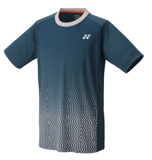 The Yonex 16693EX Men's Tennis T-Shirt - Night Sky by Yonex showcases a dark teal design with a white collar, featuring an abstract wavy pattern that transitions from white at the bottom to teal at the top. This shirt is sweat absorbent and provides UV reduction, with a small logo on the left chest area.