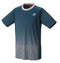 The Yonex 16693EX Men's Tennis T-Shirt - Night Sky by Yonex showcases a dark teal design with a white collar, featuring an abstract wavy pattern that transitions from white at the bottom to teal at the top. This shirt is sweat absorbent and provides UV reduction, with a small logo on the left chest area.