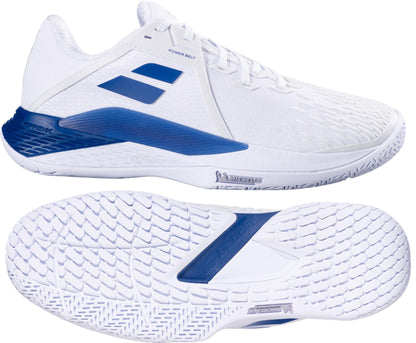 Babolat Propulse Fury 3 All Court Men's Tennis Shoes in white and dark blue, shown from the side and bottom, feature textured soles, a modern design, and deliver all-court performance.