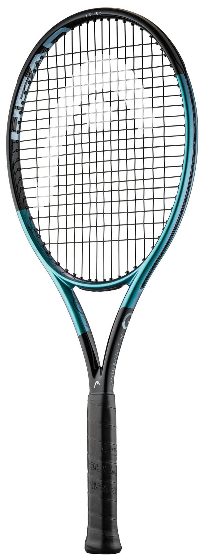 The HEAD IG Gravity XCEED Tennis Racket by HEAD is a modern, lightweight graphite racket with a black frame and teal accents, tightly strung black strings, and a black grip—perfect for beginners.