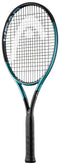 The HEAD IG Gravity XCEED Tennis Racket by HEAD is a modern, lightweight graphite racket with a black frame and teal accents, tightly strung black strings, and a black grip—perfect for beginners.