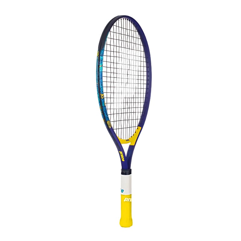 The Prince Ace/Face 21 2025 Junior Tennis Racket by Prince features a blue and yellow design with black strings, white grip, and lightweight aluminium frame—perfect for beginners. Displayed upright against a white background.