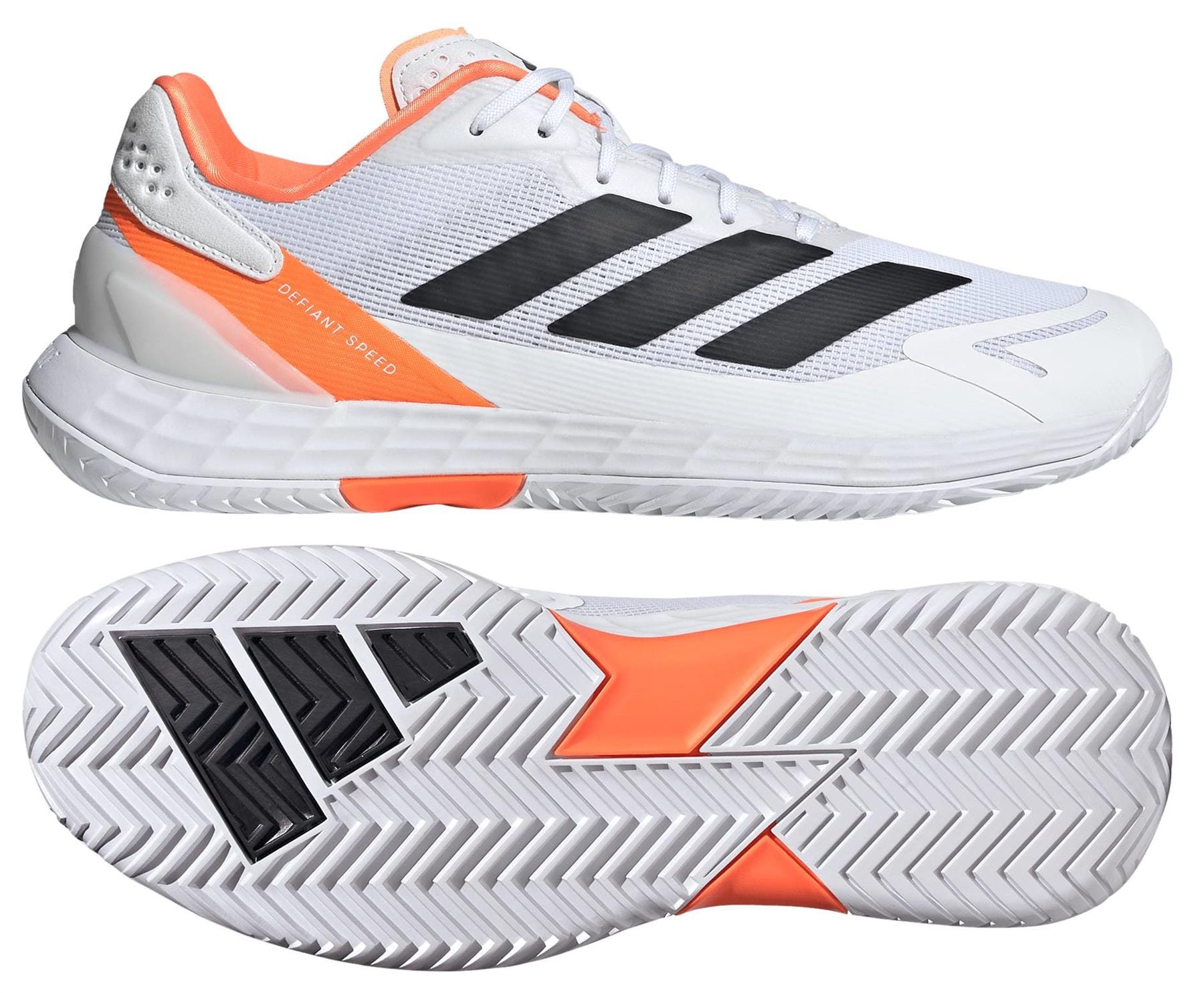 Adidas Defiant Speed 2 Men’s Tennis Shoes in white and orange feature black stripes, a textured sole, and sporty design. Side and tread views shown. Lightweight and modern—ideal for performance on the court.