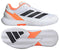 Adidas Defiant Speed 2 Men’s Tennis Shoes in white and orange feature black stripes, a textured sole, and sporty design. Side and tread views shown. Lightweight and modern—ideal for performance on the court.