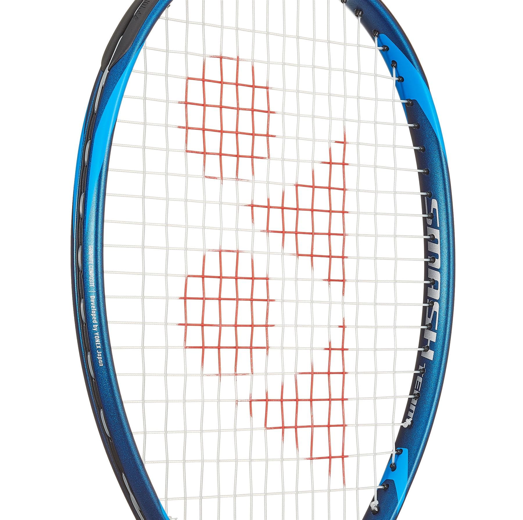 A close-up of the Yonex Smash Team Tennis Racket - Deep Blue highlights its blue design adorned with red triangles on the string bed. Incorporating ISOMETRIC™ technology, this user-friendly racket displays the word "SMASH" printed on its frame.