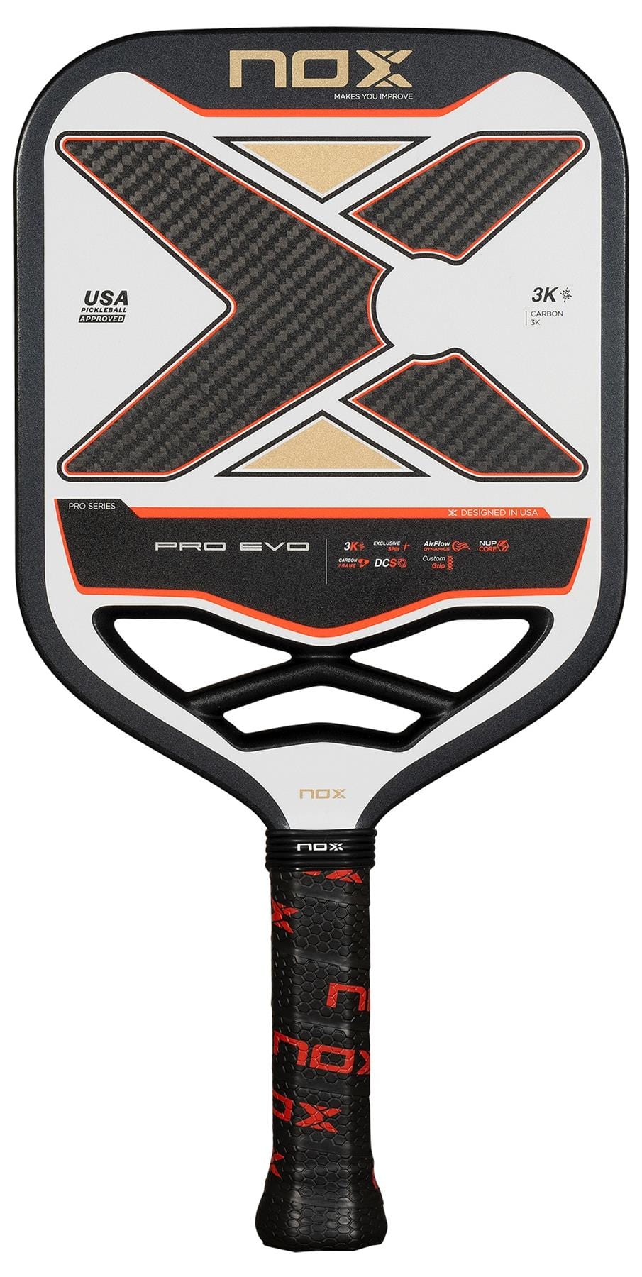 The NOX Pro Evo Pickleball Paddle - Black / Red features a bold "X," textured grip, carbon fiber construction, and certifications—now upgraded with Exclusive Spin technology for top performance.