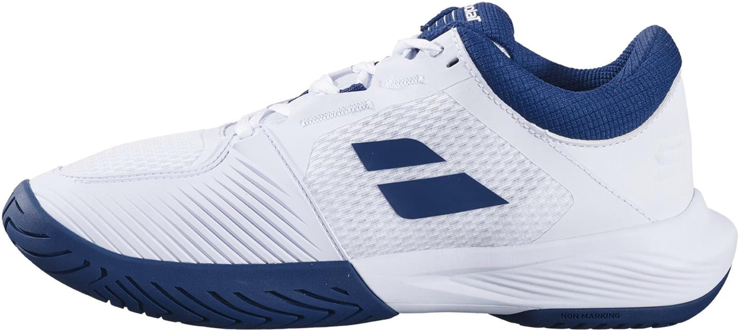 The Babolat SFX 4 All Court Men's Tennis Shoes in White/Estate Blue feature a mesh upper, textured sole, blue interior lining, and two blue geometric shapes on the side for comfort and style.