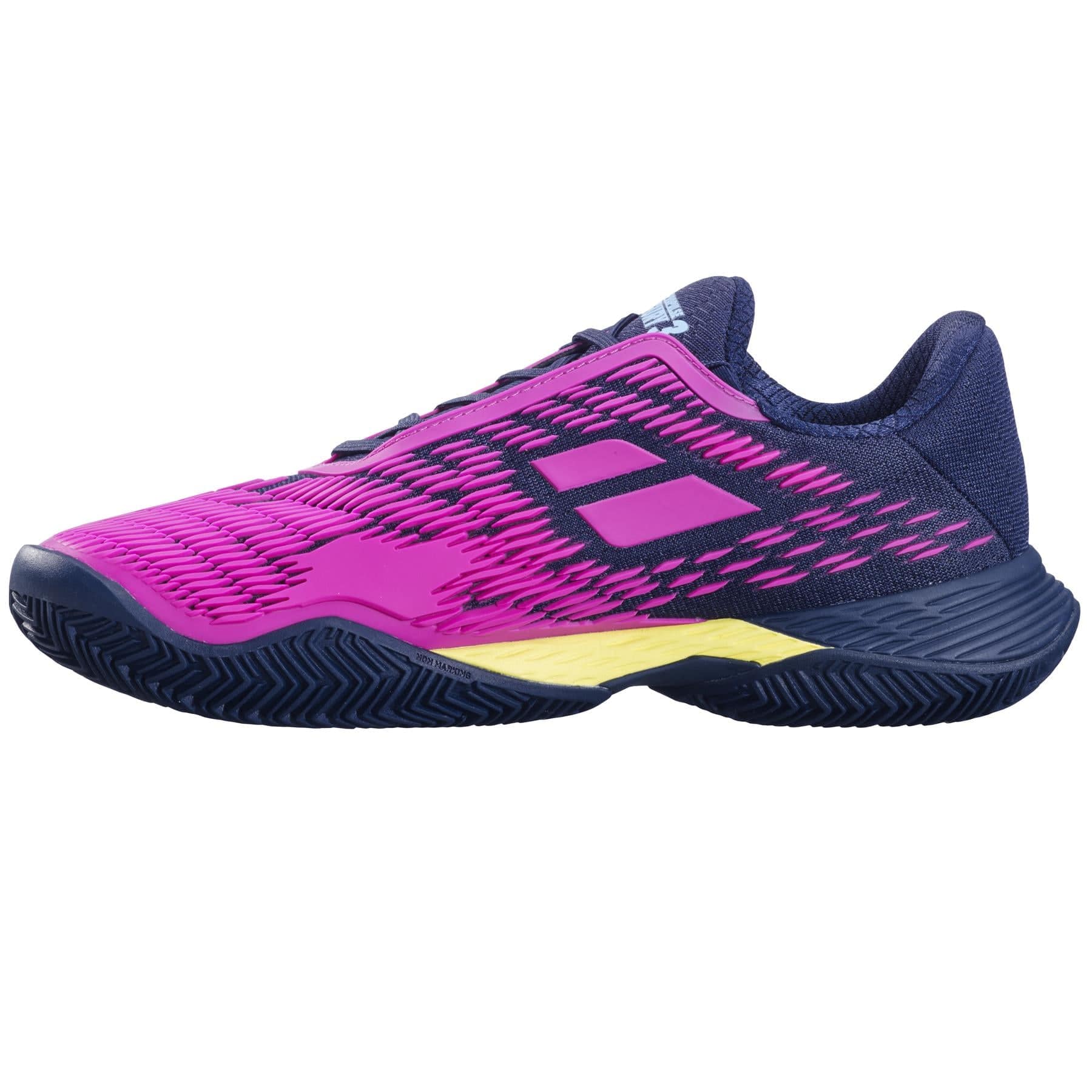 Introducing the Babolat Propulse Fury 3 2024 Men's Tennis Shoes: a vibrant pair designed in dark blue and pink aero. The upper features a dynamic pattern with the signature Babolat logo, while the navy and yellow sole enhances shock absorption, providing a sporty and energetic presence on the court.