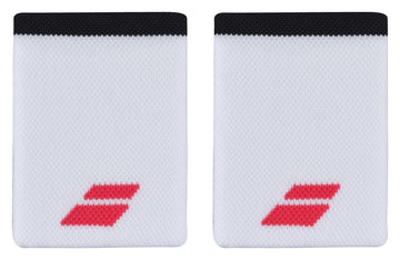 The Babolat Jumbo Logo Wristband in White and Strike Red includes two white wristbands, each adorned with a small red double-chevron logo near the bottom. The top edge is accentuated with a black trim. Made from absorbent material, these wristbands feature a textured pattern to enhance comfort.