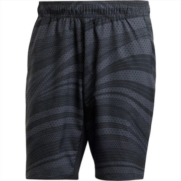 The ADIDAS Club Graphic Men's Tennis Shorts - Black by adidas have a sleek black design with a wavy, striped pattern and subtle polka dots. They include an elastic waistband and AEROREADY fabric for comfort on the court.