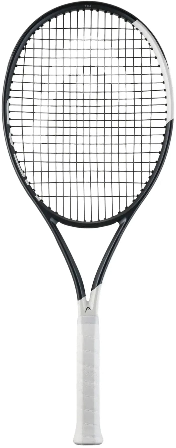 The HEAD Speed Pro 2026 Tennis Racket - Black / White by HEAD features a white grip and is displayed upright against a plain white background.