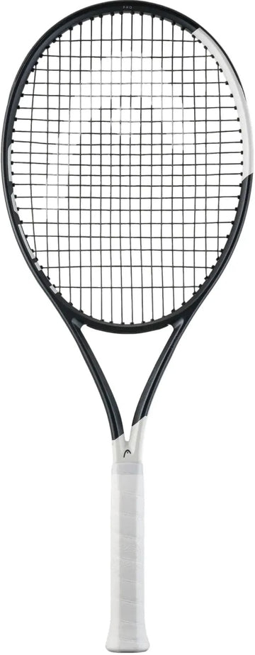 The HEAD Speed Pro 2026 Tennis Racket by HEAD, in black and white with a white grip, is designed for advanced players seeking controlled power and is shown against a plain white background.