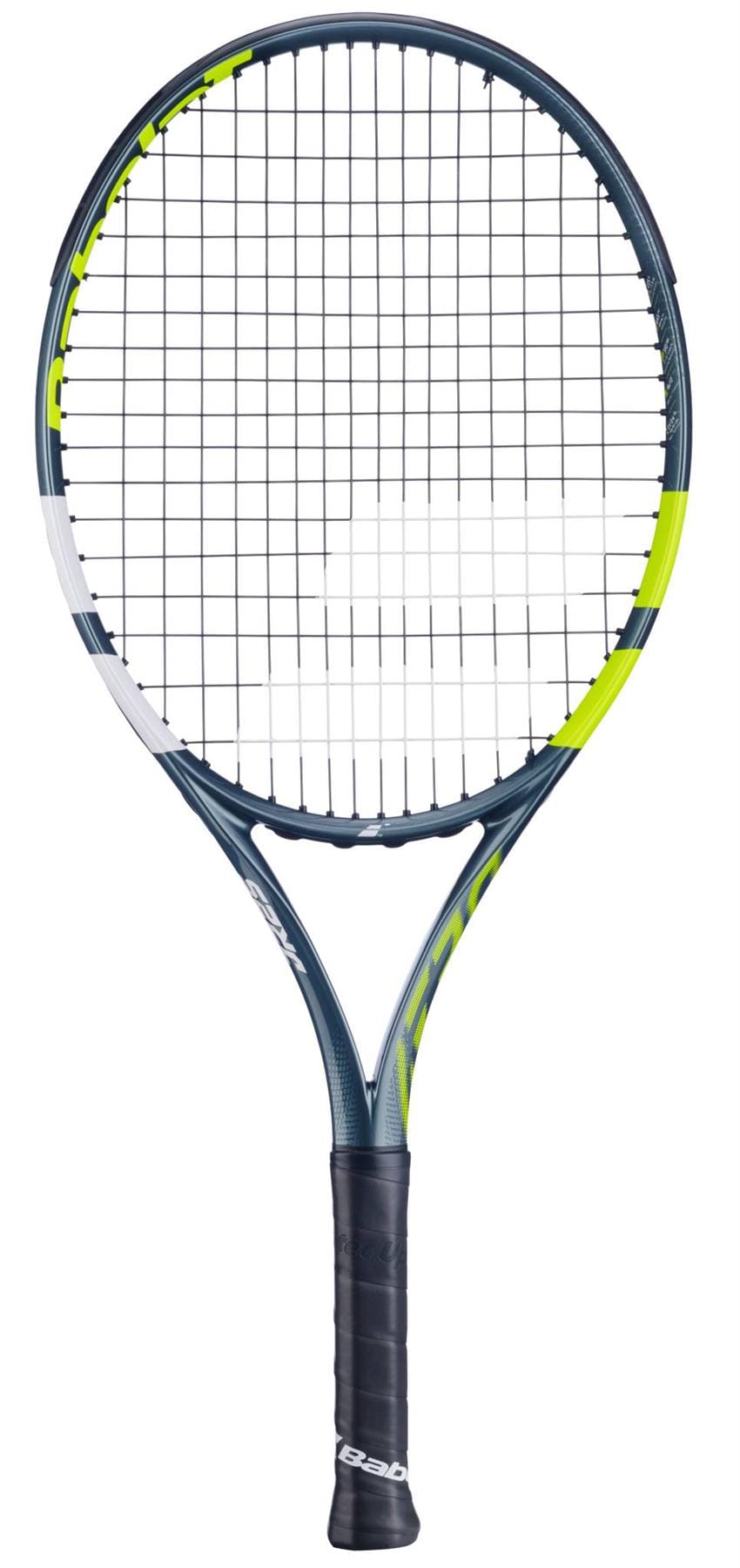 The Babolat Aero Junior 25 Tennis Racket 2026 by Babolat features a graphite composite black and neon yellow frame, with black strings and a black grip handle, shown upright against a white background.