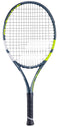 The Babolat Aero Junior 25 Tennis Racket 2026 by Babolat features a graphite composite black and neon yellow frame, with black strings and a black grip handle, shown upright against a white background.