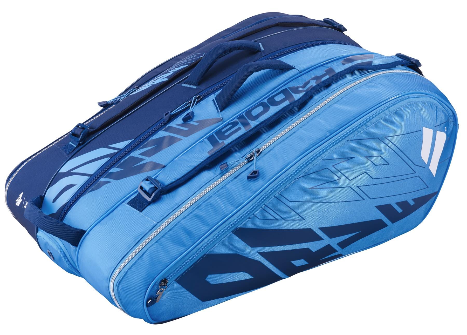 The Babolat RH12 Pure Drive 12 Racket Tennis Bag in blue is designed with a sleek look and brand logo. It includes several compartments, one of which is insulated, making it ideal for carrying sports equipment or gear. A striking black graphic pattern enhances the side of the bag.
