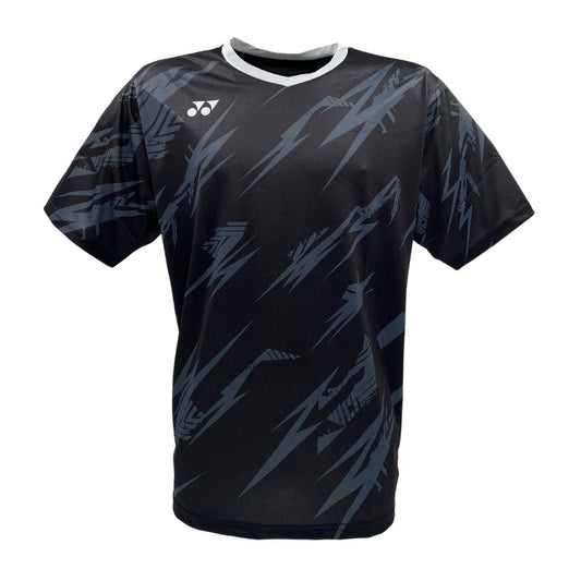 The Yonex YTM8 Men's Tennis T-Shirt in Black/Silver features breathable, moisture-wicking polyester with abstract gray lightning patterns on black. It has a white neckline and a small white logo on the upper left chest.