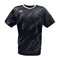 The Yonex YTM8 Men's Tennis T-Shirt in Black/Silver features breathable, moisture-wicking polyester with abstract gray lightning patterns on black. It has a white neckline and a small white logo on the upper left chest.
