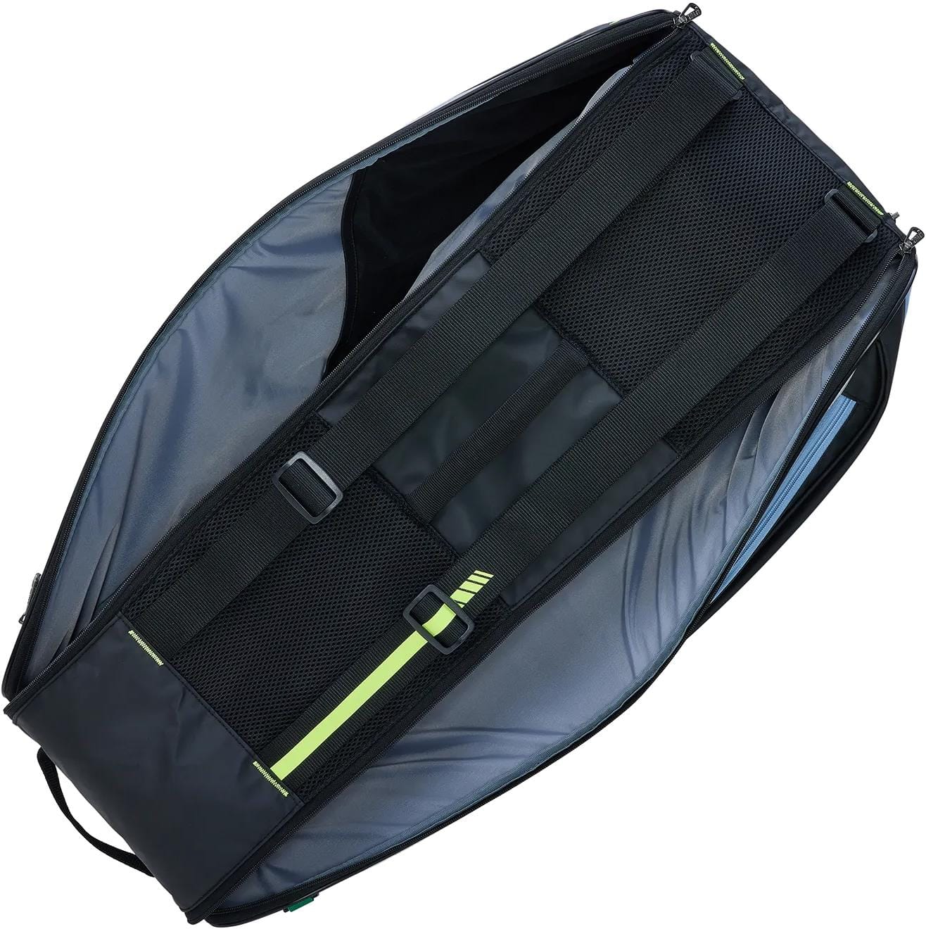 The Yonex BA52526EX Club 6 Racket Tennis Bag in black and blue is open, revealing racket compartments, two adjustable mesh-padded shoulder straps, and vibrant accent lines.