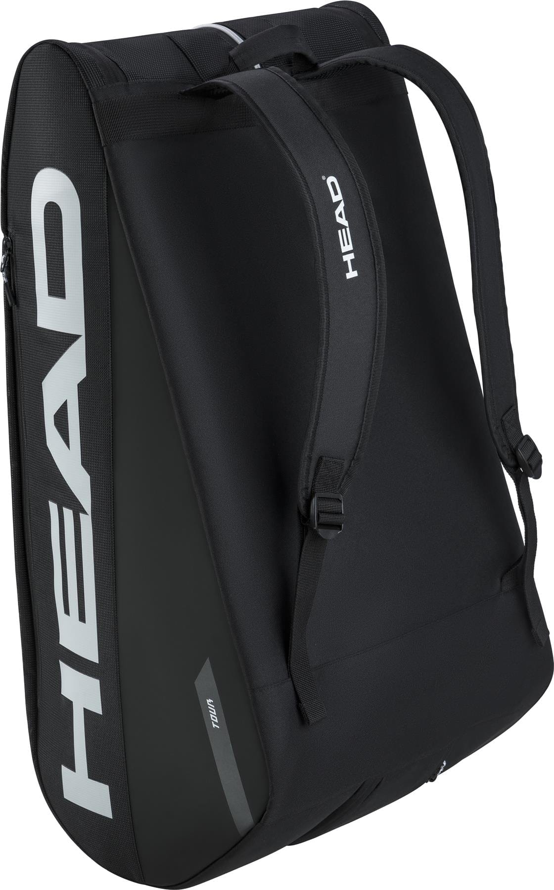 The HEAD Tour 12 Racket Tennis Bag XL - Black features a white HEAD logo, adjustable shoulder straps, and a sleek modern design. Spacious and stylish, it's perfect for carrying your rackets and sports gear.
