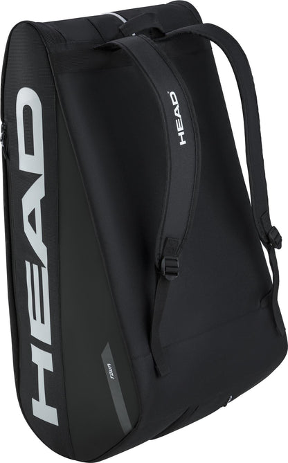The HEAD Tour 12 Racket Tennis Bag XL - Black features a white HEAD logo, adjustable shoulder straps, and a sleek modern design. Spacious and stylish, it's perfect for carrying your rackets and sports gear.