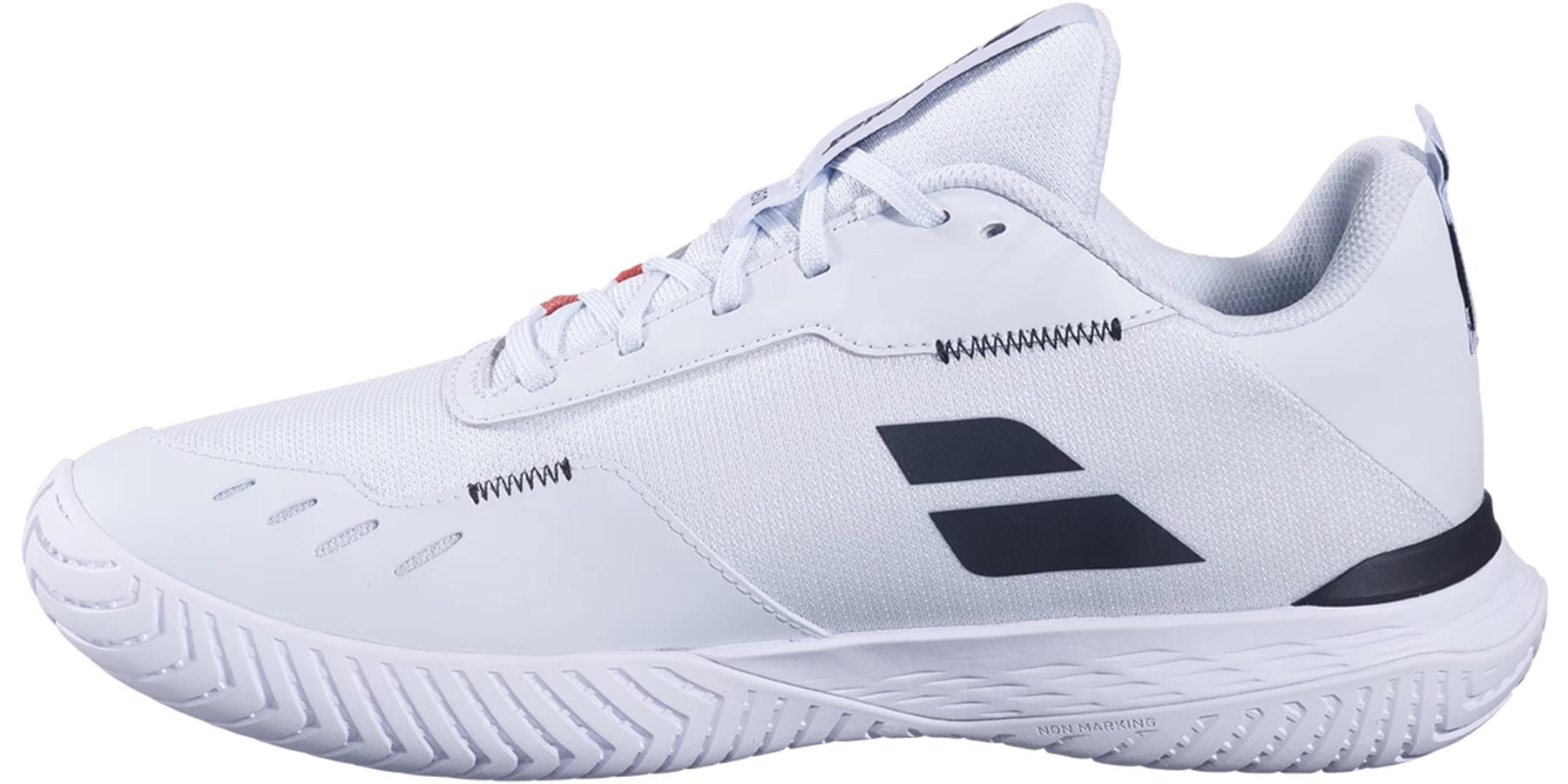 The Babolat SFX EVO All Court Men's Tennis Shoes in Illusion Blue/Black feature a textured sole, black accents, two black diagonal side stripes, white laces, and a padded collar for comfort—designed by Babolat for all court tennis play.