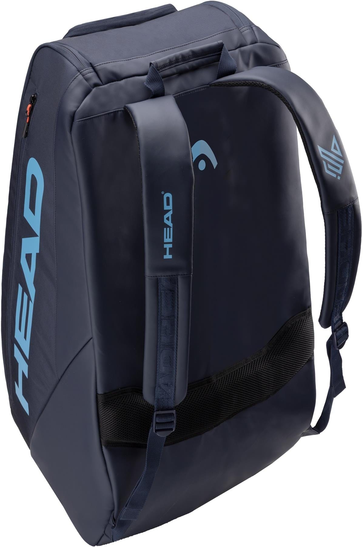 The HEAD Pro 12 Racket Tennis Bag XL - Navy features light blue branding, padded shoulder straps, a top handle, and a sleek rectangular design inspired by Jannik Sinner’s bag.