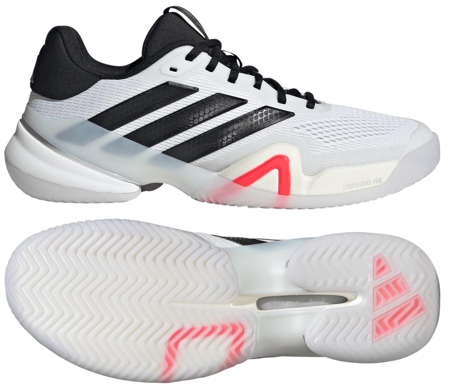 The adidas Barricade 14 Mens WIDE Tennis Shoes in white feature black stripes, a black heel, pink accents, and a herringbone sole with translucent sections—shown from side and sole views—ideal for tennis courts.