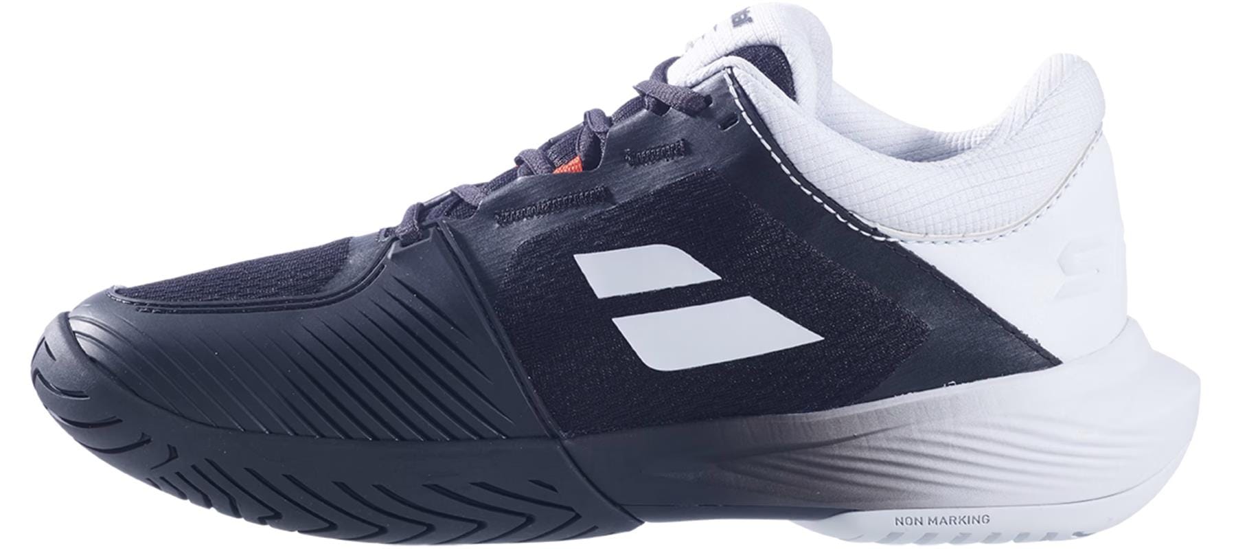 The Babolat SFX 4 All Court Men’s Tennis Shoe in Black/Illusion Blue features a textured sole, white heel, black midsection, side logo, front grooves, and a padded collar for ankle comfort.