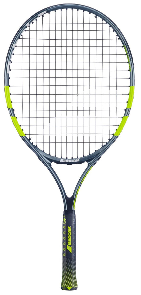 A Babolat Carlitos Junior 23 Tennis Racket for kids in black and neon yellow, featuring an open string pattern, is shown against a white background.