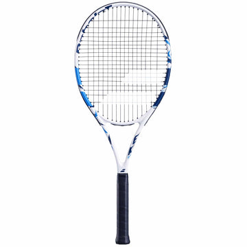 Image of the Babolat Evoke Team Tennis Racket - White, featuring a blue and white frame with a black grip. The racket is perfect for beginners due to its tightly woven strings. It is displayed vertically against a simple white background.