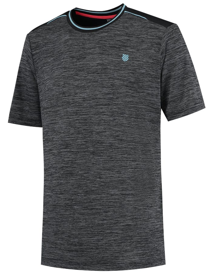 A K-Swiss Hypercourt Tennis T-Shirt in Jet Black Melange, featuring a subtle textured pattern and contrasting black shoulder panels from the high-performance line. This short-sleeve athletic shirt displays a small blue emblem on the left chest, inspired by the dynamic design of K-Swiss Hypercourt apparel.