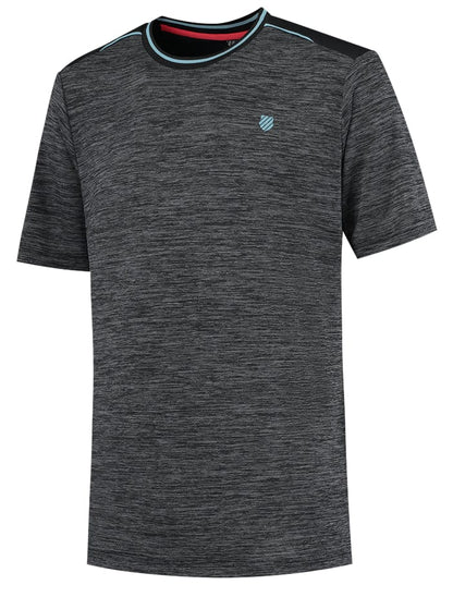 A K-Swiss Hypercourt Tennis T-Shirt in Jet Black Melange, featuring a subtle textured pattern and contrasting black shoulder panels from the high-performance line. This short-sleeve athletic shirt displays a small blue emblem on the left chest, inspired by the dynamic design of K-Swiss Hypercourt apparel.