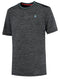 A K-Swiss Hypercourt Tennis T-Shirt in Jet Black Melange, featuring a subtle textured pattern and contrasting black shoulder panels from the high-performance line. This short-sleeve athletic shirt displays a small blue emblem on the left chest, inspired by the dynamic design of K-Swiss Hypercourt apparel.