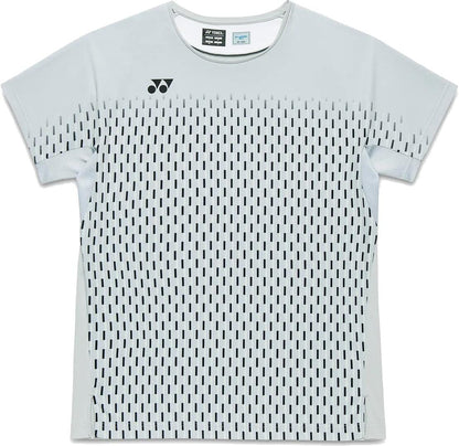 The Yonex 10713EX Crew Neck Men’s Tennis T-Shirt in silver grey features a black dashed line pattern and small logo on the chest, designed for moisture management.