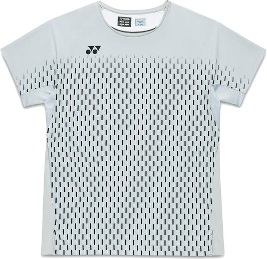 The Yonex 10713EX Crew Neck Men’s Tennis T-Shirt in silver grey features a black dashed line pattern and small logo on the chest, designed for moisture management.