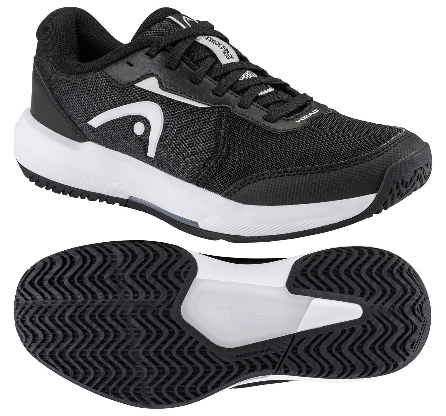 The HEAD Revolt Court 5.0 Womens Tennis Shoes in black and white are shown from the side and bottom, displaying the textured sole, simple design with white accents, and HEAD logo—ideal for stylish women tennis players.