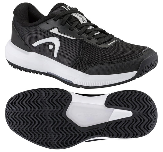 The HEAD Revolt Court 5.0 Womens Tennis Shoes in black and white are shown from the side and bottom, displaying the textured sole, simple design with white accents, and HEAD logo—ideal for stylish women tennis players.
