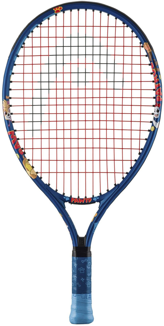 The HEAD x Paw Patrol 19 Junior Tennis Racket in blue features red strings, cartoon character graphics, and a blue grip—offering playful designs perfect for kids.