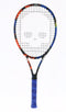 The Prince Beast Hydrogen Random 265g Tennis Racket, developed by Prince, showcases Textreme X Technology. Its design includes a sleek black frame with a striking blue grip and strings patterned like a face. The addition of red and yellow accents enhances its visual appeal as it stands upright against a plain white background.