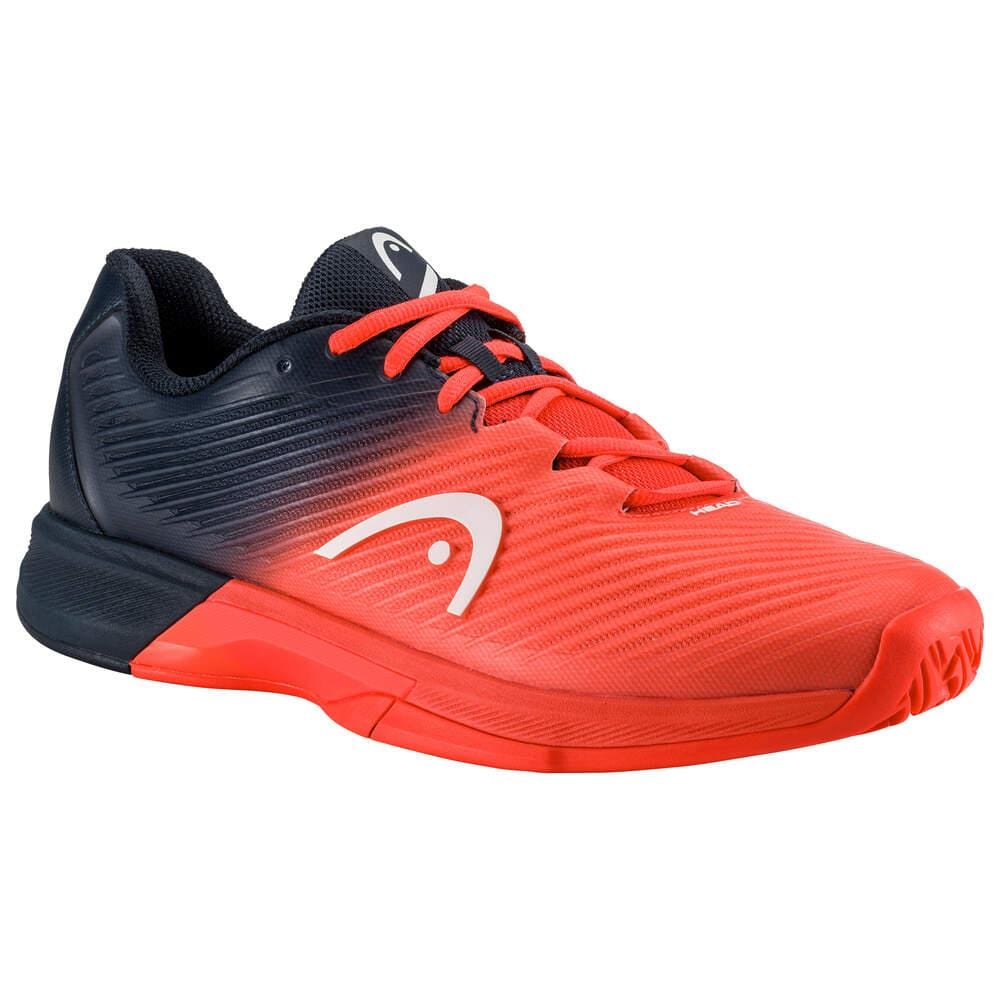 Explore the HEAD Revolt Pro 4.0 Mens Tennis Shoes - BBFC, a striking pair of tennis shoes from HEAD showcasing a dynamic red and black gradient design. These shoes are equipped with performance technologies and feature a black heel and upper that seamlessly transition to a vivid red toe, complemented by an eye-catching side logo, bold red laces, and a textured sole designed for enhanced grip.