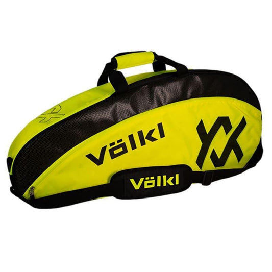The Volkl Tour Tennis Pro 3 Racket Bag in Black and Neon Yellow is an outstanding tennis accessory. It prominently displays the Volkl logo and text on the side and includes a handy shoulder strap and handle for effortless transport.