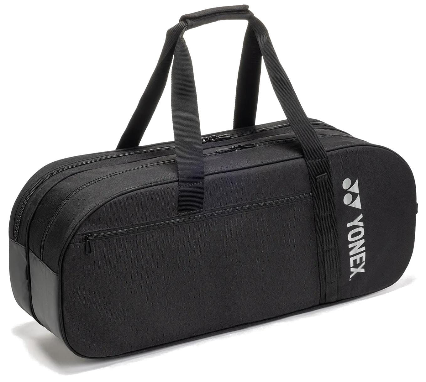 The Yonex BA72631WEX Gearlogic Tournament Tennis Bag in black features two handles, a shoulder strap, and a front zippered pocket. The white Yonex logo on the side adds style—ideal for carrying all your tennis gear.