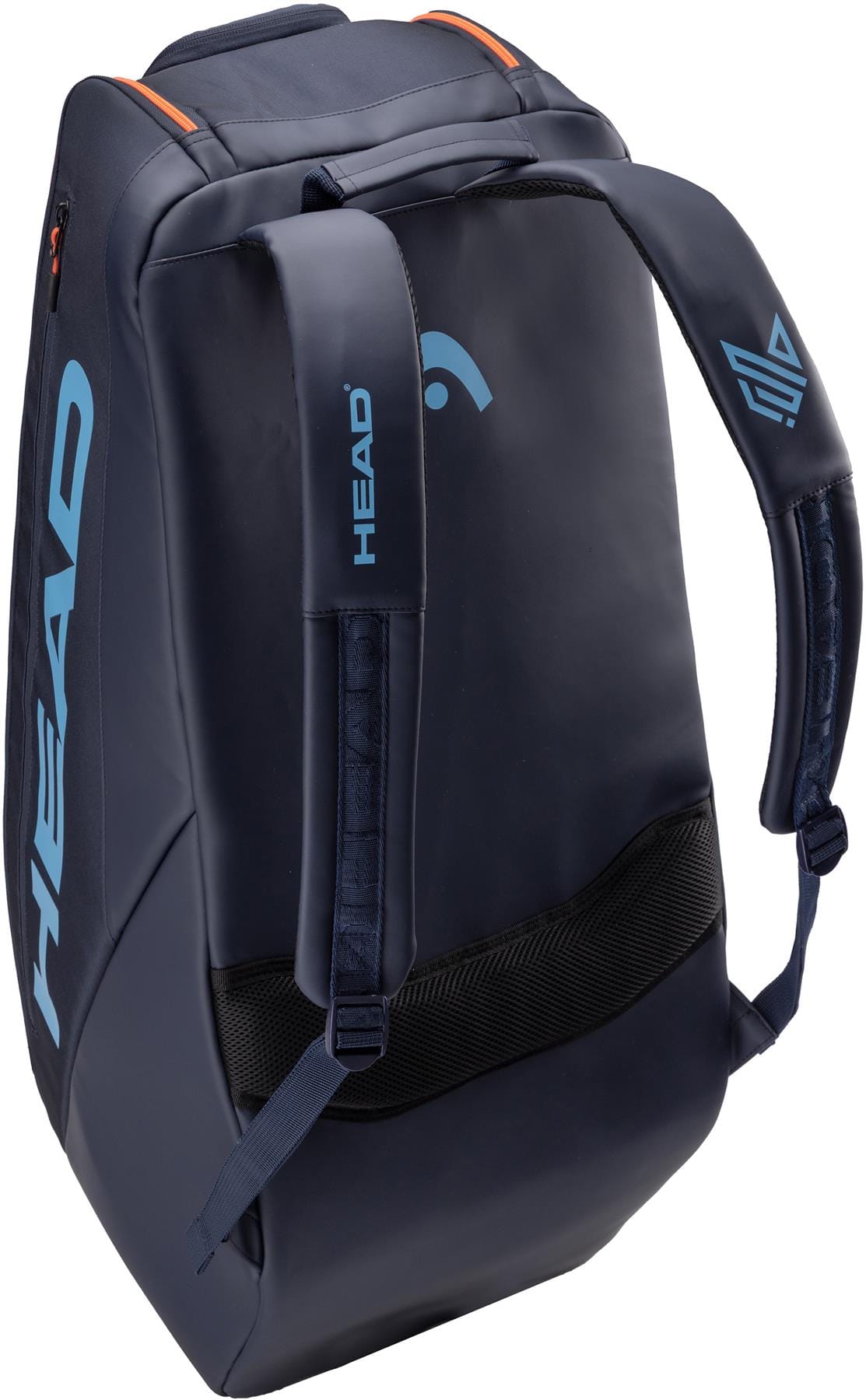 The HEAD Pro 9 Racket Tennis Bag L - Navy by HEAD offers padded shoulder straps, climate control, and light blue branding—ideal for sports or travel.